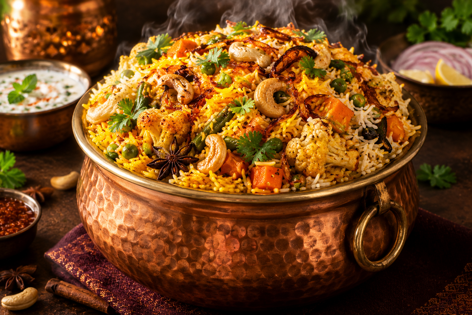 Vegetable dum biryani served in a copper pot
